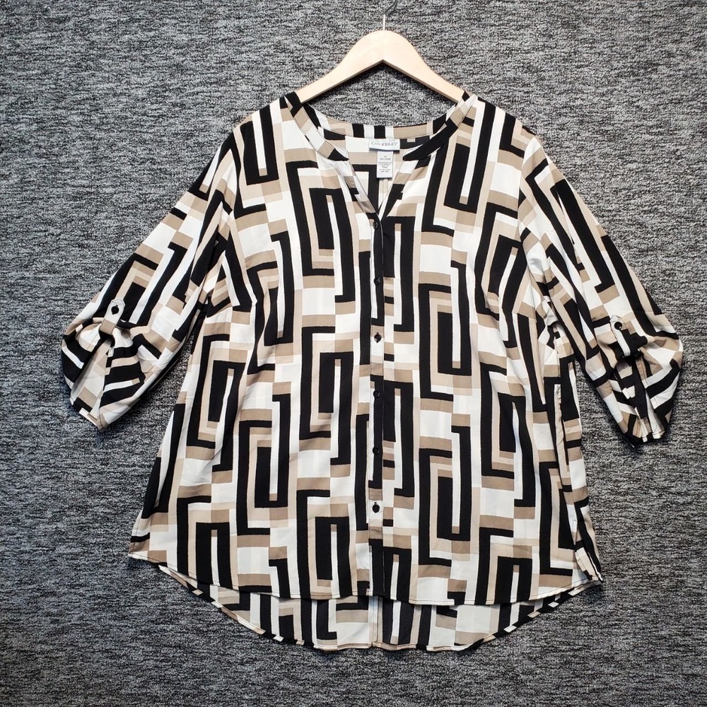 Catherines Breezeway Georgette Blouse Womens 1X Beige‎ Geometric Roll Tab Casual